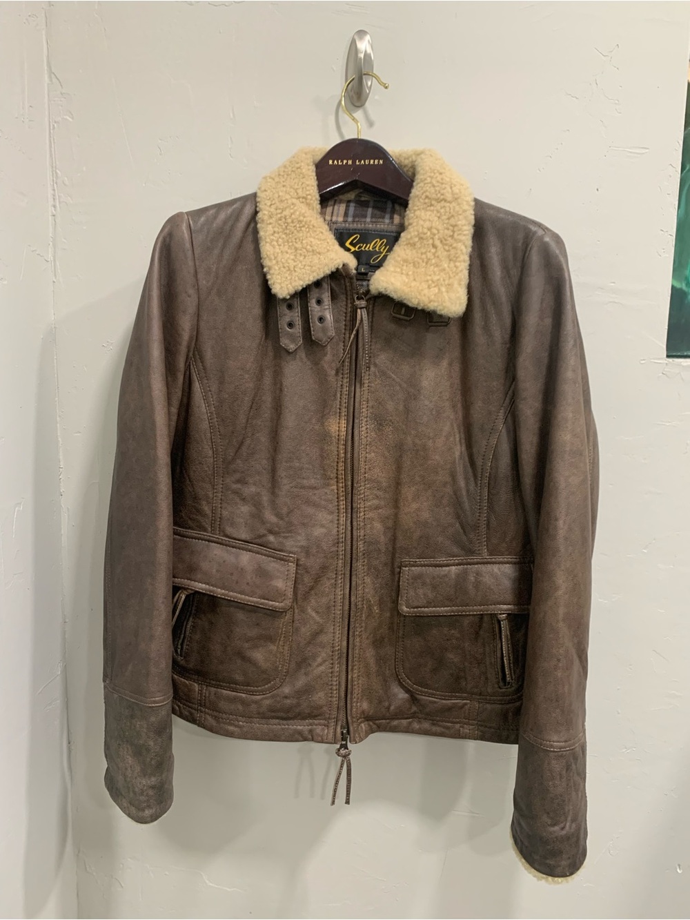 Scully Brown Leather Bomber Jacket with Cream Shearling Collar